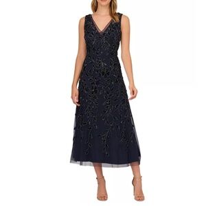 Adrianna Papell- Floral Leaf Beaded Ankle-Length Gown